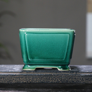 Maceta Cuadrada de Cerámica para Bonsái, Acabado Verde Glaseado con Efecto Craquelado, Decoración de Escritorio - Product Image 1