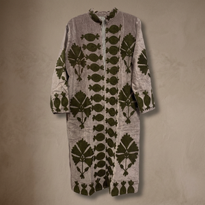 <b>Women</b> Hand Embroidered Suzani Velvet <b>Coat</b> Grey Floral Fish Motif Mid Long Duster Jacket Open Front Kimono Robe Boho Winter - Product Image 1