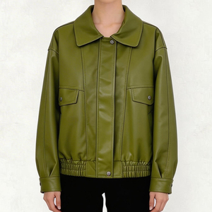 OFTBUY Nuova <span class=keywords><strong>Giacca</strong></span> Autunnale Verde in <span class=keywords><strong>Ecopelle</strong></span> da Donna, Modello Ampio a Maniche Lunghe con Orlo Elastico, Cappotto Biker Femminile in Pelle PU, Soprabito - Product Image 4