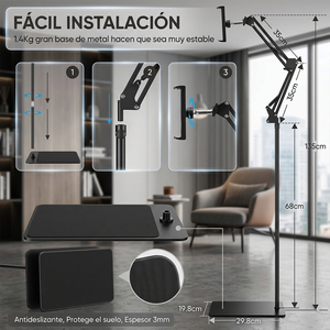 Soporte de suelo ajustable Ele-Gate de 135 cm para tabletas y teléfonos con mecanismo de abrazadera de resorte - Product Image 4