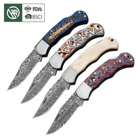 Couteau pliant de survie en plein air, manche stable en bois et os de bœuf Micarta, lame en acier Damas, couteau de poche EDC pour le camping