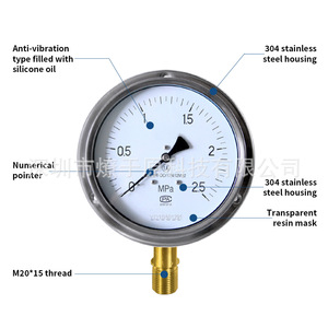 เกจวัดแรงดันสแตนเลส 0-2.5 MPa แบบอนาล็อก สำหรับวัดแรงดันไฮดรอลิก ว่างเปล่า น้ำ และไอน้ำ - Product Image 5