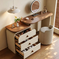 Coiffeuse 2-en-1 moderne vintage en bois massif crème et noyer avec commode de rangement pour chambre à coucher