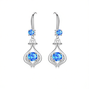 Boucles d'oreilles pendantes Oimet en argent 925 avec pierre précieuse bleue, design moderne goutte d'eau, sertissage griffe, bijoux de fête pour femme - Product Image 1