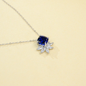 925 Sterling Silver <b>Cushion</b> Cut Lab Created Sapphire Pendant Necklace with CZ Snowflake Accent for Women Wedding Bridal Jewelry - Product Image 2