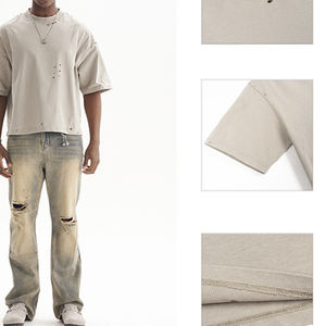 Men Summer 100% Cotton Heavyweight Solid Color Short Sleeve T-Shirt <b>Distressed</b> Design Oversized Streetwear For Teens Casual <b>Top</b> - Product Image 6