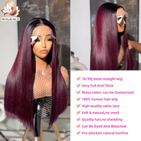 Perruque frontale en dentelle transparente HD 99j bordeaux 13x4, cheveux humains vietnamiens bruts raides comme des baguettes, coloration rouge, sans colle