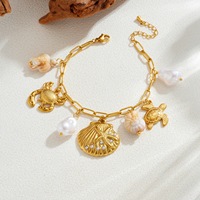 Bracelet Océan en Acier Inoxydable Anti-ternissement en Gros, Multi-Coquillages, Étoiles de Mer, Pendentif Perle, Plaqué Or, Accessoires de Plage TGSL5706