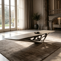 Table basse incurvée épurée à base creuse avec structure intégrée en fibre de verre et finition métallique de luxe pour la décoration de canapé résidentiel