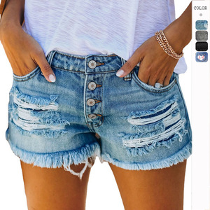 Shorts en jean déchiré respirant à taille élastique pour femme, grande taille, collection été 2026 - Product Image 1