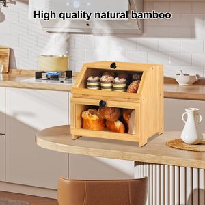 กล่องขนมปังไม้ไผ่สองชั้นพร้อมประตูกระจกสำหรับเก็บอาหารในครัว - Product Image 2