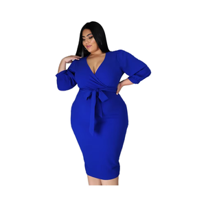 Prodotti Popolari: Abito Midi da Donna Taglie Forti in Chiffon con Paillettes, Scollo <span class=keywords><strong>a</strong></span> V, Tinta Unita, Maniche Lunghe e Allacciatura, Ideale per l'Autunno - Product Image 1