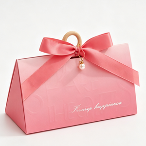 Custom <b>Pink</b> Paper <b>Gift</b> <b>Box</b> with Wooden Ring Handle Satin Ribbon Bow Foldable Packaging for Candy and Wedding Favor Wholesale - Product Image 1