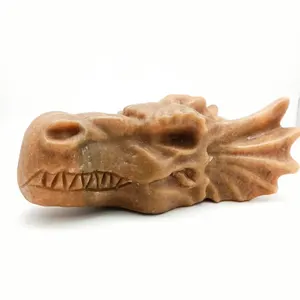 Natural Hand Carved Xiuyan Jade Dragon Head Skulls Ornament Healing Crystal Gift
