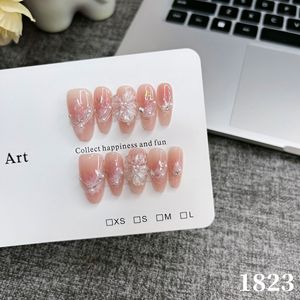 Uñas Postizas 3D Hechas a Mano, Forma de Almendra, Color Rosa con Perlas y Dorado, Puntas de Uñas Acrílicas Reutilizables para Mujer - Product Image 2