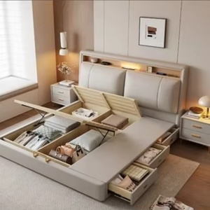 เตียงคู่ทันสมัยพร้อมที่เก็บของ เตียงไม้ขนาดควีนไซส์และคิงไซส์ เตียงหนังอเนกประสงค์พร้อมที่เก็บของและโต๊ะทำงาน - Product Image 1