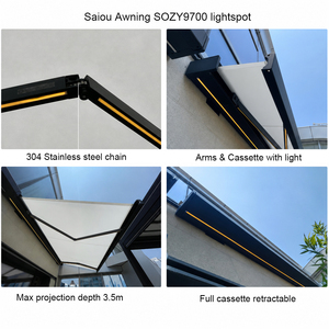 Auvent à bras articulés entièrement cassette 6x3m <span class=keywords><strong>motorisé</strong></span> rétractable avec bandes LED, télécommande <span class=keywords><strong>sans</strong></span> <span class=keywords><strong>fil</strong></span>, structure en aluminium, auvent de luxe résistant à la pluie - Product Image 2