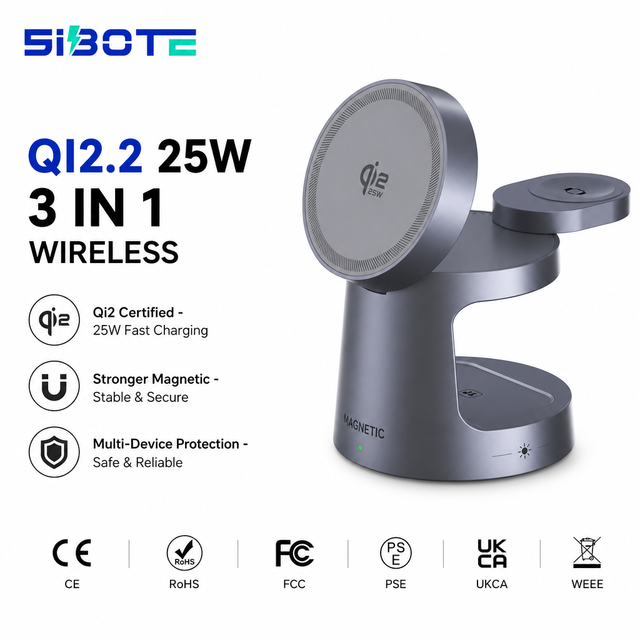 QI2.2 25W 3-in-1 Foldable Magnetic Wireless Charging Station for Mobile Phone Smart Watch