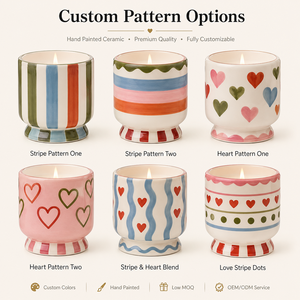 Venta al por Mayor OEM ODM, Frascos de Cerámica para Velas Pintados a Mano con Diseño de Corazón, Rayas y Puntos, Color Personalizado, Paquete de Regalo, Decoración del Hogar, Jalo LZ-1 - Product Image 1
