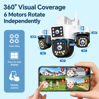 Kamera Keamanan Solar AOV 6-Motor 12MP 4G dengan 3 Lensa Putar Via Aplikasi, Rekam 24/7, 4-Layar, 4-Lensa, CCTV Nirkabel Luar Ruangan