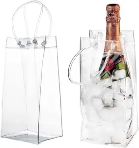 BST Promotional Custom Clear PVC Ice Wine Pouch gift Bags Wine Cooler tote Bag with Handle for Champagne Beer Beverage