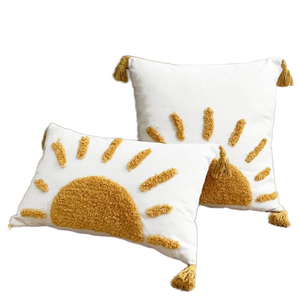 Housse de coussin carrée moderne bohème brodée 100% polyester jaune avec fermeture éclair pour canapés, maison, hôpital, hôtel - Product Image 1