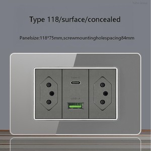 Enchufe de pared con interruptor de luz, doble USB tipo C, estándar brasileño, de vidrio templado, con tres entradas de corriente. - Product Image 3