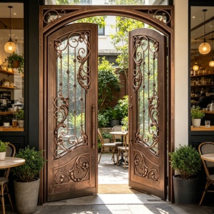 Porte double manuelle en fer forgé moderne avec verre trempé, porte d'entrée ornée forgée à la main pour villa et maison de luxe - Product Image 5