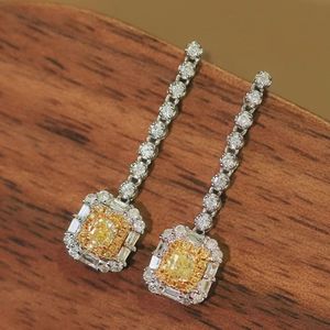 Xinfly 18K White Gold <b>Cushion</b> Cut Dangle Drop Earrings with Fancy Yellow Diamond - Product Image 3