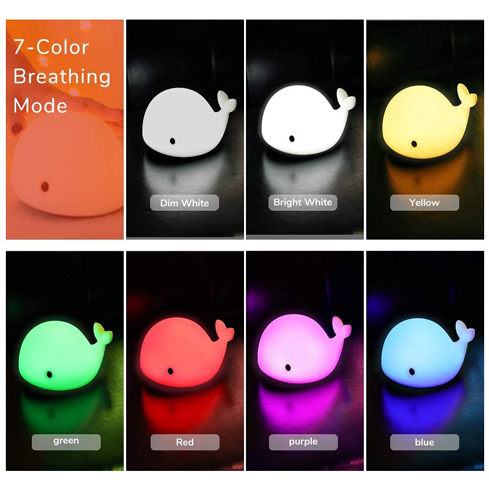 Baby Night Light with 7 LED Colors Changing Tap Control Nursery Squishy Night Lamp USB Rechargeable Cute Whale Night Light
