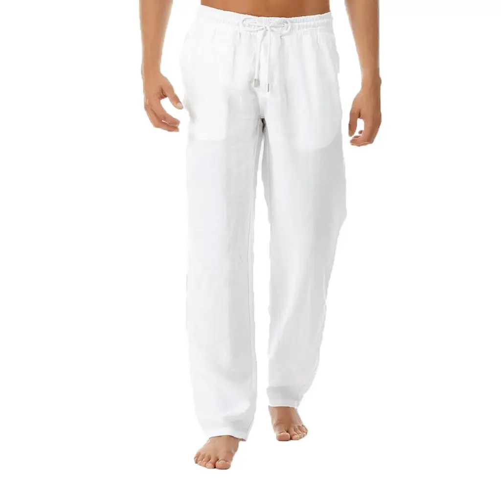 กางเกงลำลองขายาวผ้าฝ้ายลินินสีขาวสำหรับผู้ชาย,กางเกงขายาวเอวยางยืดทรงตรงกางเกงสำหรับผู้ชายสำหรับฤดูร้อน