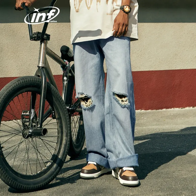 Enflasyon Busted dizler kot denim pantolon yırtık baggy hip hop kot erkekler üreticisi
