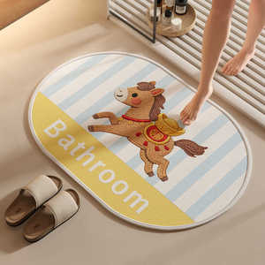 Alfombra de baño con diseño de poni, ovalada, de imitación de lino, antideslizante, absorbente de agua, de secado rápido, para baño - Product Image 2