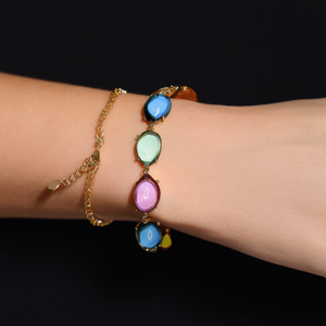 Bracelet Perlé Tendance en Acier Inoxydable 316L Plaqué Or PVD, Pierres Ovales Multicolores Durables et Résistantes - Product Image 3