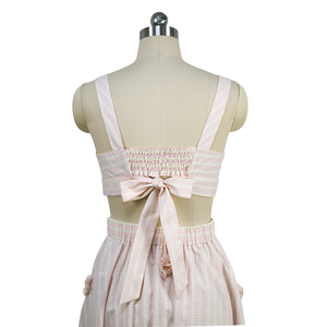 Momen's Summer INS Vocation Style Conjunto a juego Top de algodón y pantalones cortos con patrón de rayas tejido sin cuello y lazo XL Tamaño - Product Image 4