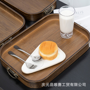 Ensemble de plateaux de service en bambou couleur noyer avec poignées métalliques, plateaux rectangulaires pour thé, café, usage hôtelier - Product Image 2