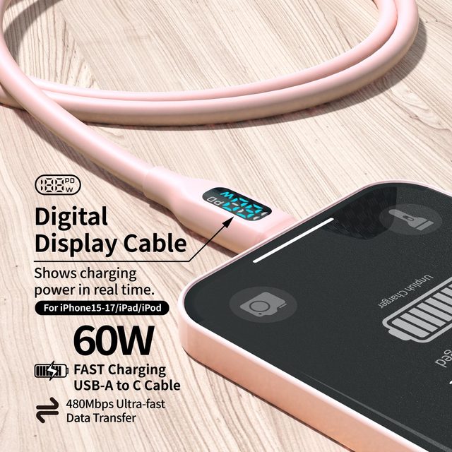 60W USB-A to USB-C Fast Charging Cable Data Transfer Flexible Liquid Silicone for iPhone 17/16/15 Pro/Max iPad for Tablets