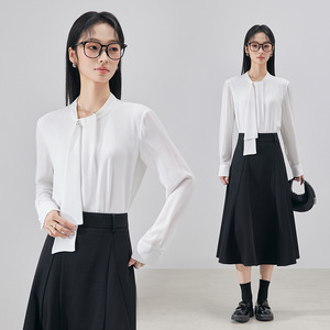 Women's White Chiffon Long Sleeve Shirt With Wrap <b>Tie</b> Office Formal Top Spring Autumn 2025 Solid Color <b>Polyester</b> Blouse - Product Image 1