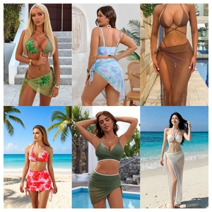 Ensemble bikini 3 pièces pour femme à imprimé floral, avec haut bandeau halter et bas asymétrique, maillot de bain extensible – Fournisseur d'usine - Product Image 3