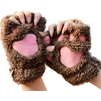 Gants d'hiver en polaire pour femmes et filles, mignons, chauds, en forme de patte de chat, sans doigts