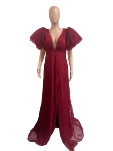 Gaun Pesta Malam Wanita Ukuran Besar Model Longgar Berbahan Mesh dengan Kerah V Dalam dan Belahan Tinggi untuk Musim Semi dan Musim Panas, Gaun Wanita Sehe Fashion - Product Image 6