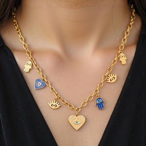 Collar de Acero Inoxidable para Mujer, Colgante de Ojo de Hamsa en Forma de Corazón, Cadena de Clavícula Chapada en Oro, Conjunto de Joyería de Moda SL41640 - Product Image 1