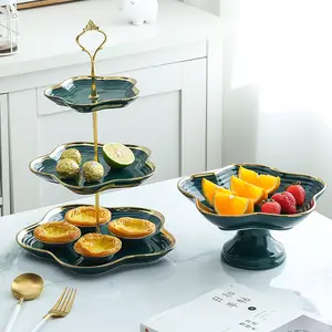 Pflaumen blüten form Luxus Restaurant Geschirr Küche Keramik Goldrand Obst 2/3 Ebenen Dish Dessert Kuchen platte