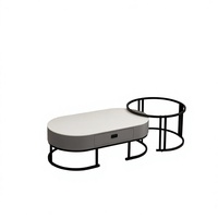 Ensemble de tables basses gigognes de salon de qualité commerciale, modernes, en bois, avec cadre ovale en arc, double plateau en pierre frittée et verre trempé
