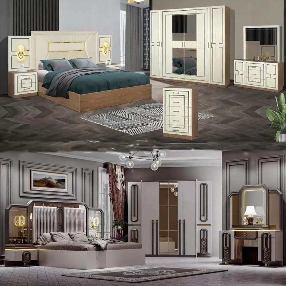 Meuble De Chambre A courer lengkap 2023 desain Modern kayu ukuran King Double Bed mewah Set furnitur kamar tidur penuh