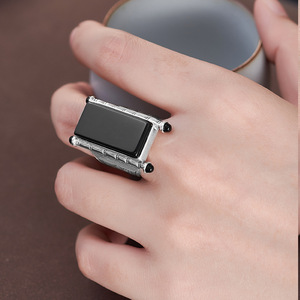 Anello in Argento S925 BOCAI per Uomo e Donna, Nuovo Stile Punk alla Moda con Grande Rettangolo in Agata Nera, Gioiello Elegante per Feste - Product Image 6