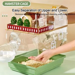 Nouvelle cage à hamster en acrylique 12 en 1 avec accessoires en bois, maison/villa pour hamster à deux ou trois étages avec tunnel et roue - Product Image 4