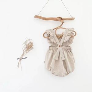 Verano vintage niños color sólido Lino algodón ropa niño bebé <span class=keywords><strong>niña</strong></span> sin mangas volante sin espalda bordado flor mameluco - Product Image 2