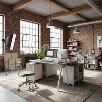 Bureau de direction de luxe en forme de A avec rangement latéral intégré, écologique, convertible, modulaire, panneau de classe E1, pieds en métal blanc
