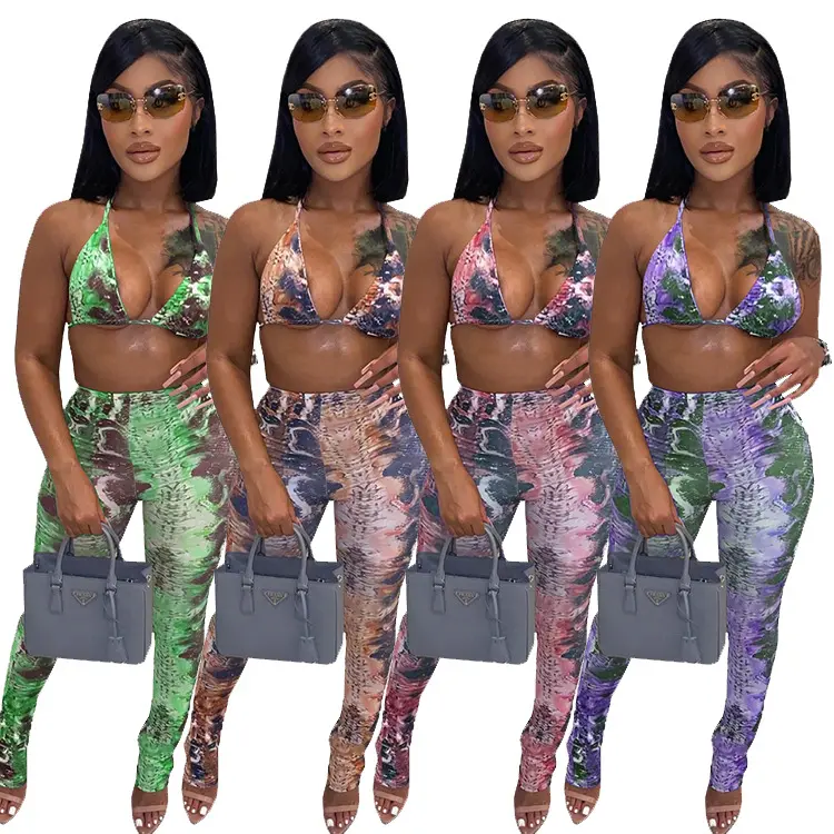 Peeqi SZ8008 high quality sexy women two piece pants set printed halter V-neck crop tops pants suit 2pc outfit street wear lady